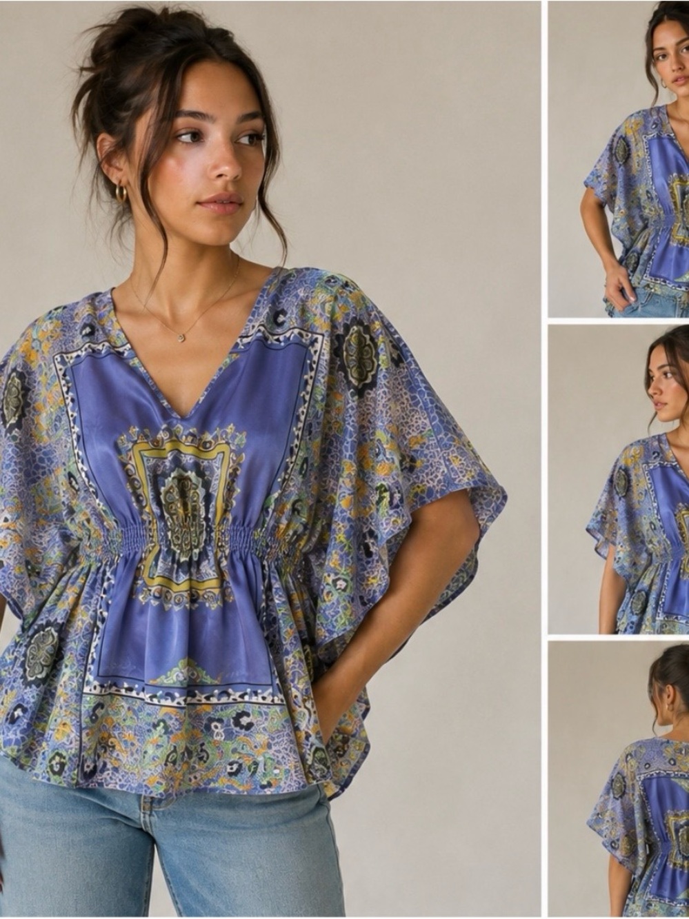 V-Neck Printed Flutter Sleeve Tunic in Periwinkle Blue